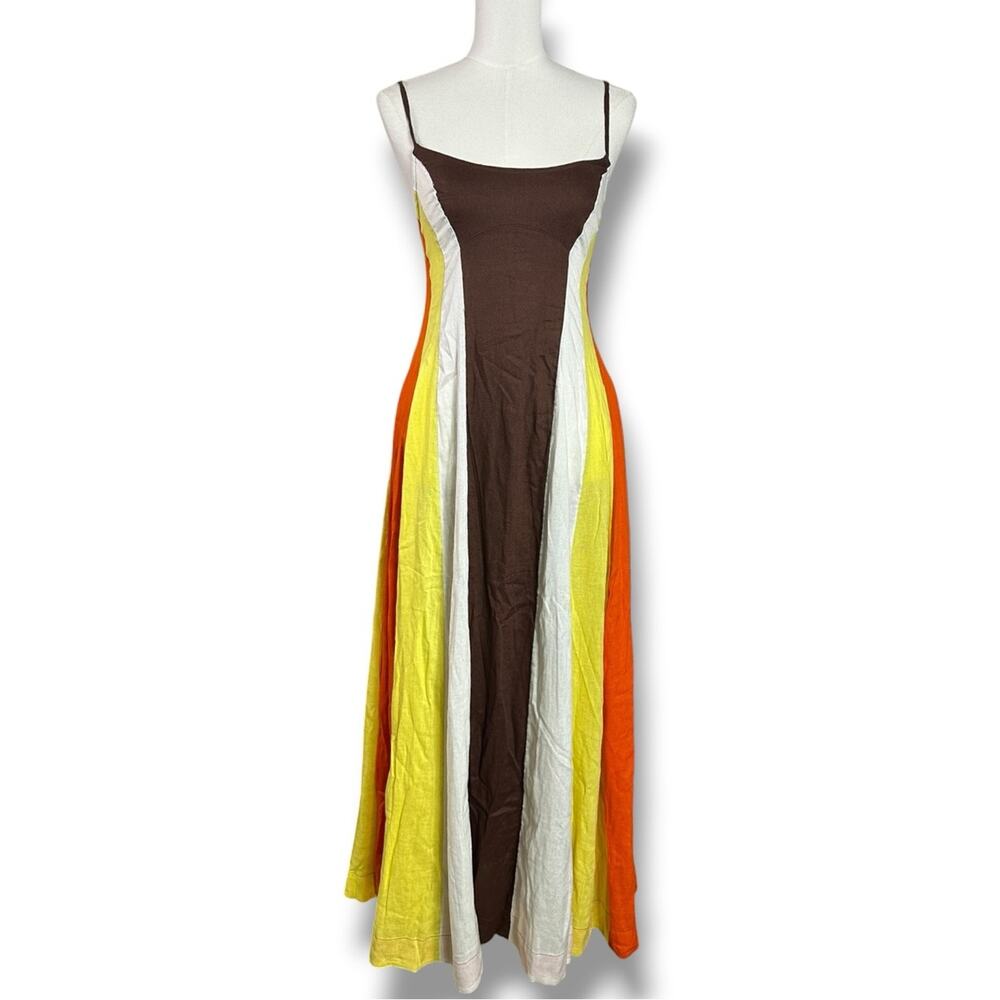 Free People Linen Retro 70s Color Harmony Maxi Dress in Chocolate Combo Small - Picture 6 of 10